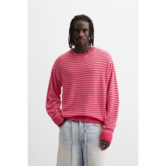 Zara Mens Pullover Sweater Pink L Textured Striped Crew Neck Loose 3003/317 NWT - Picture 1 of 8